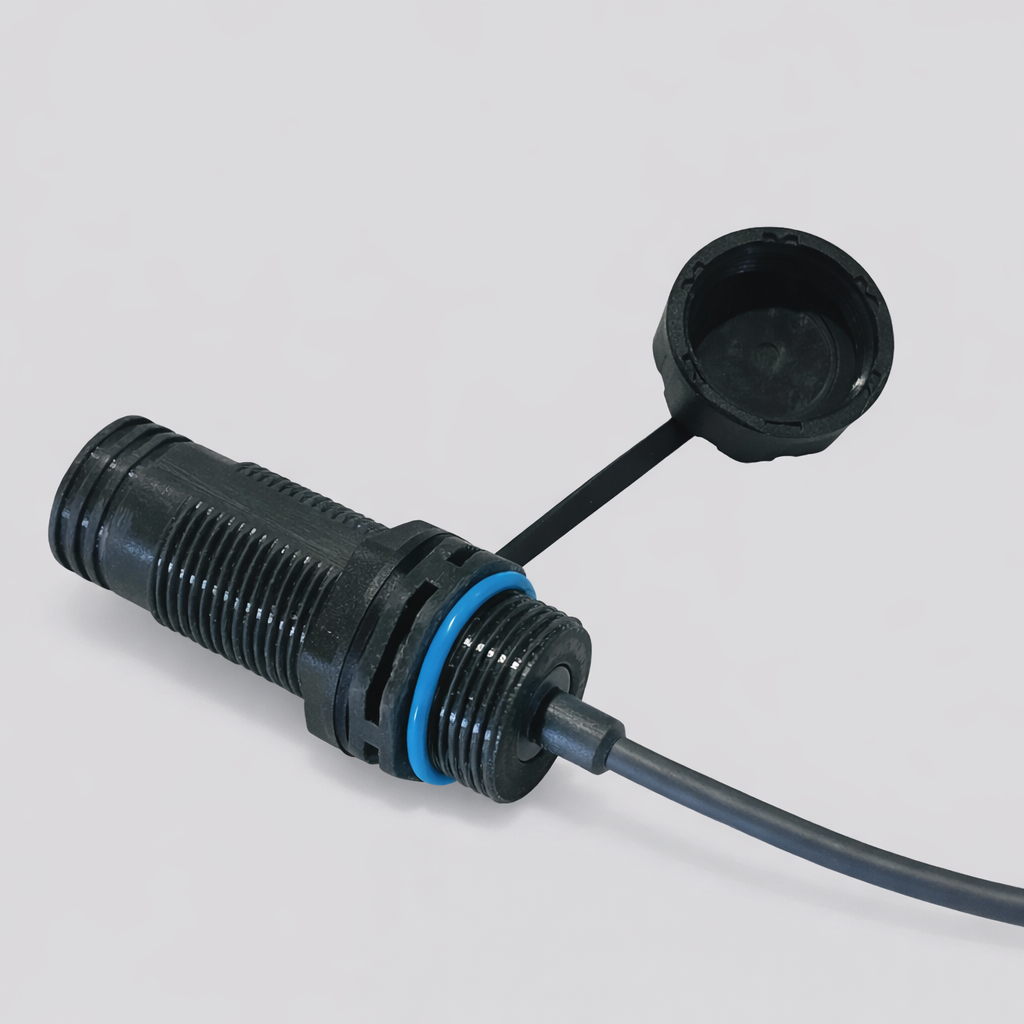 Side view of Starlink Mini DC waterproof bulkhead connector with cable inserted and sealing O-ring engaged.