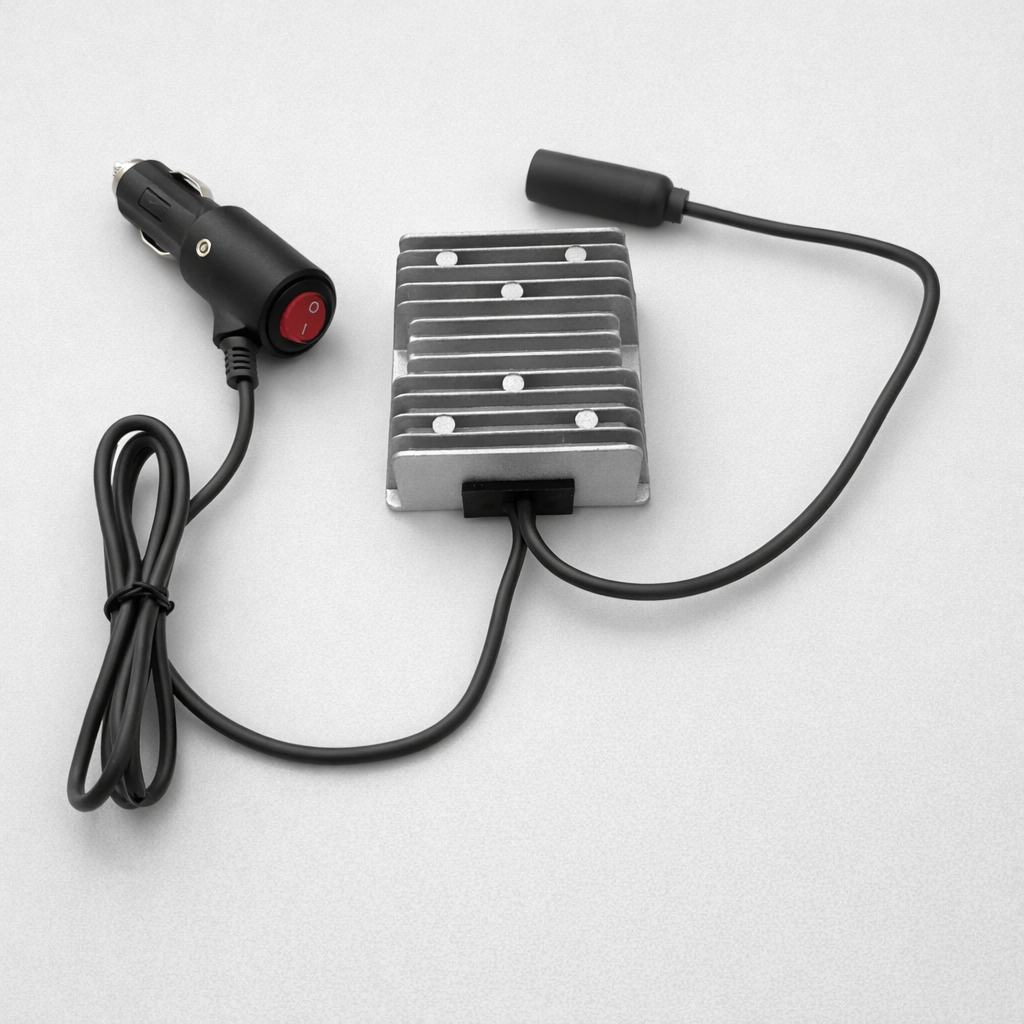 Starlink mIni DC power booster with Cig plug and switch white background Spacetek