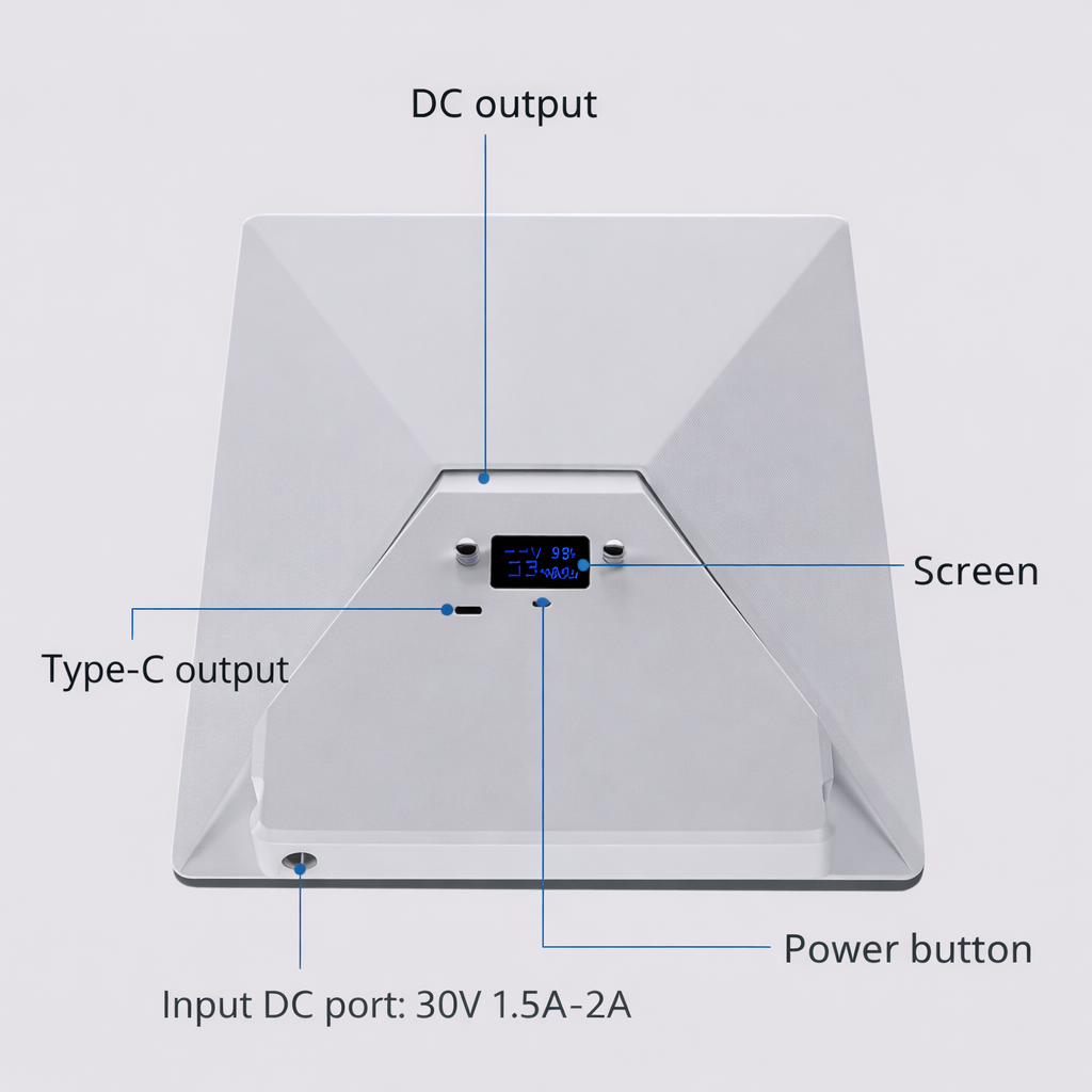 Starlink Mini removable battery back facing with features against a white background
