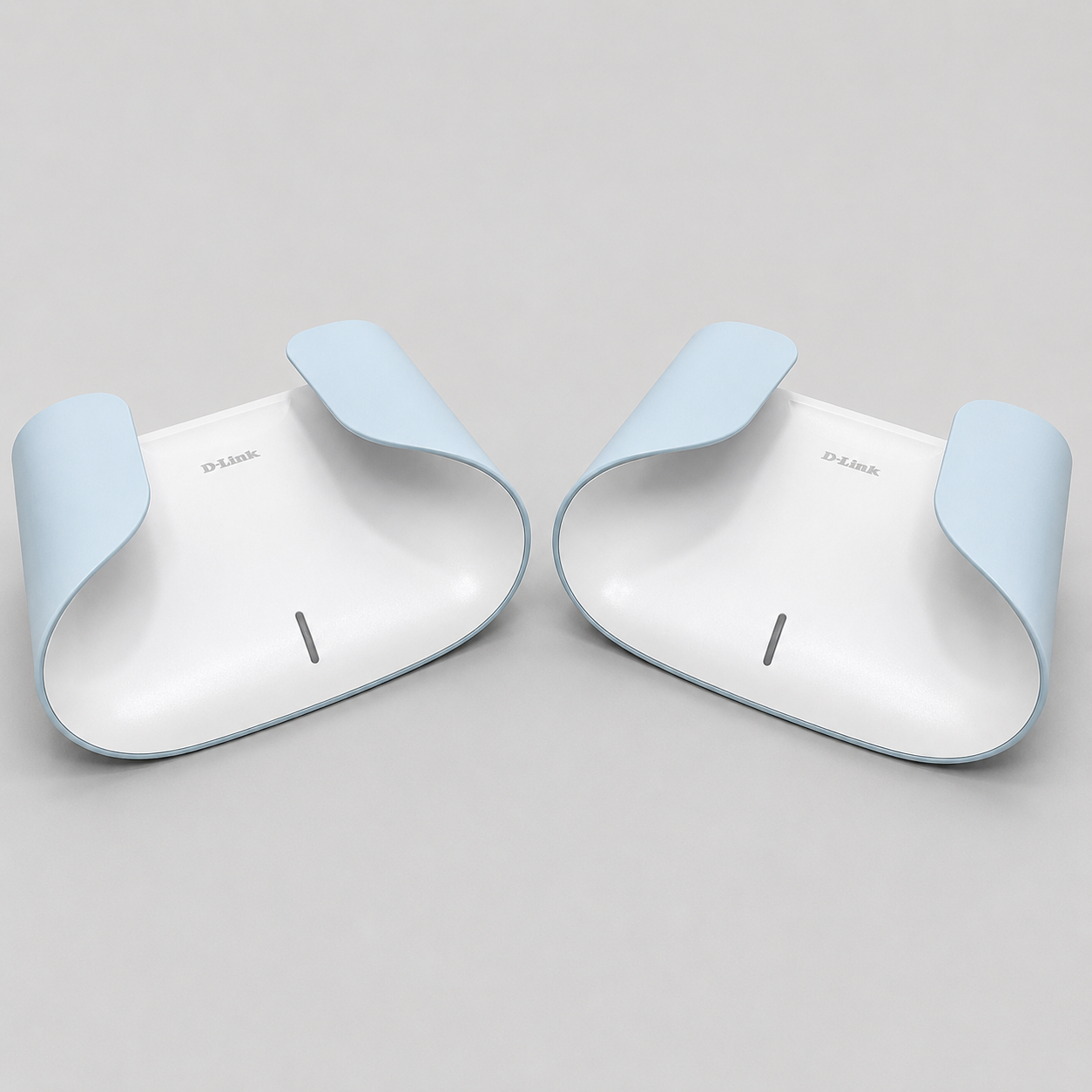 Two D-Link AX3000 M30-2PK Wi-Fi 6 mesh routers displayed side by side from front angle