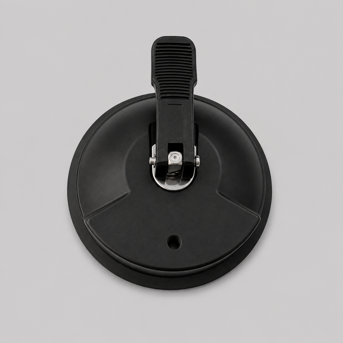 Rear top view of a heavy-duty 5-inch suction cup with M8 female thread and locking lever mechanism