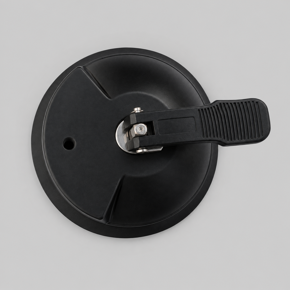 Top view of a heavy-duty 5-inch suction cup featuring an integrated locking lever and M8 female threaded mounting point