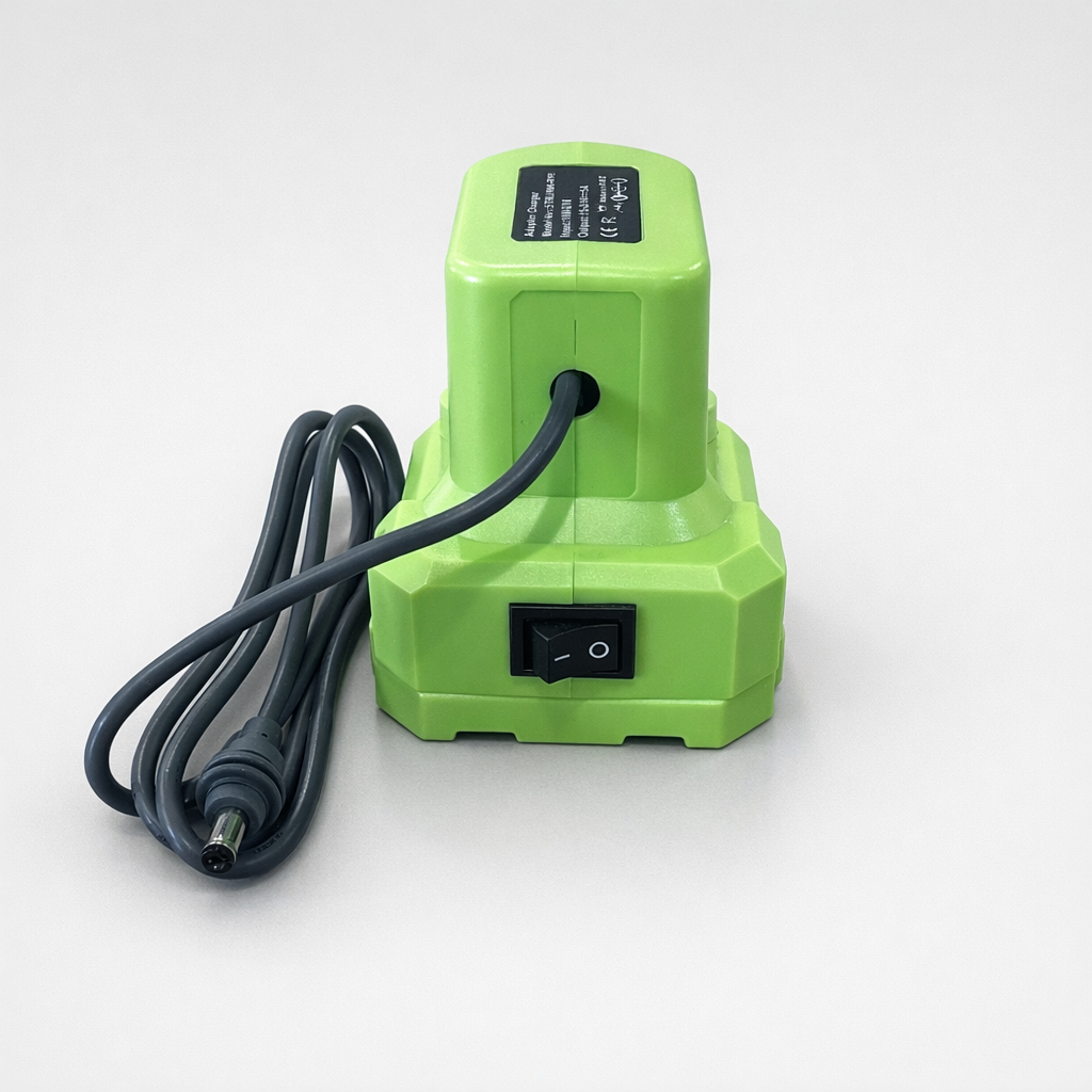 Front view of Ryobi battery adaptor for Starlink Mini with integrated power switch and DC output cable