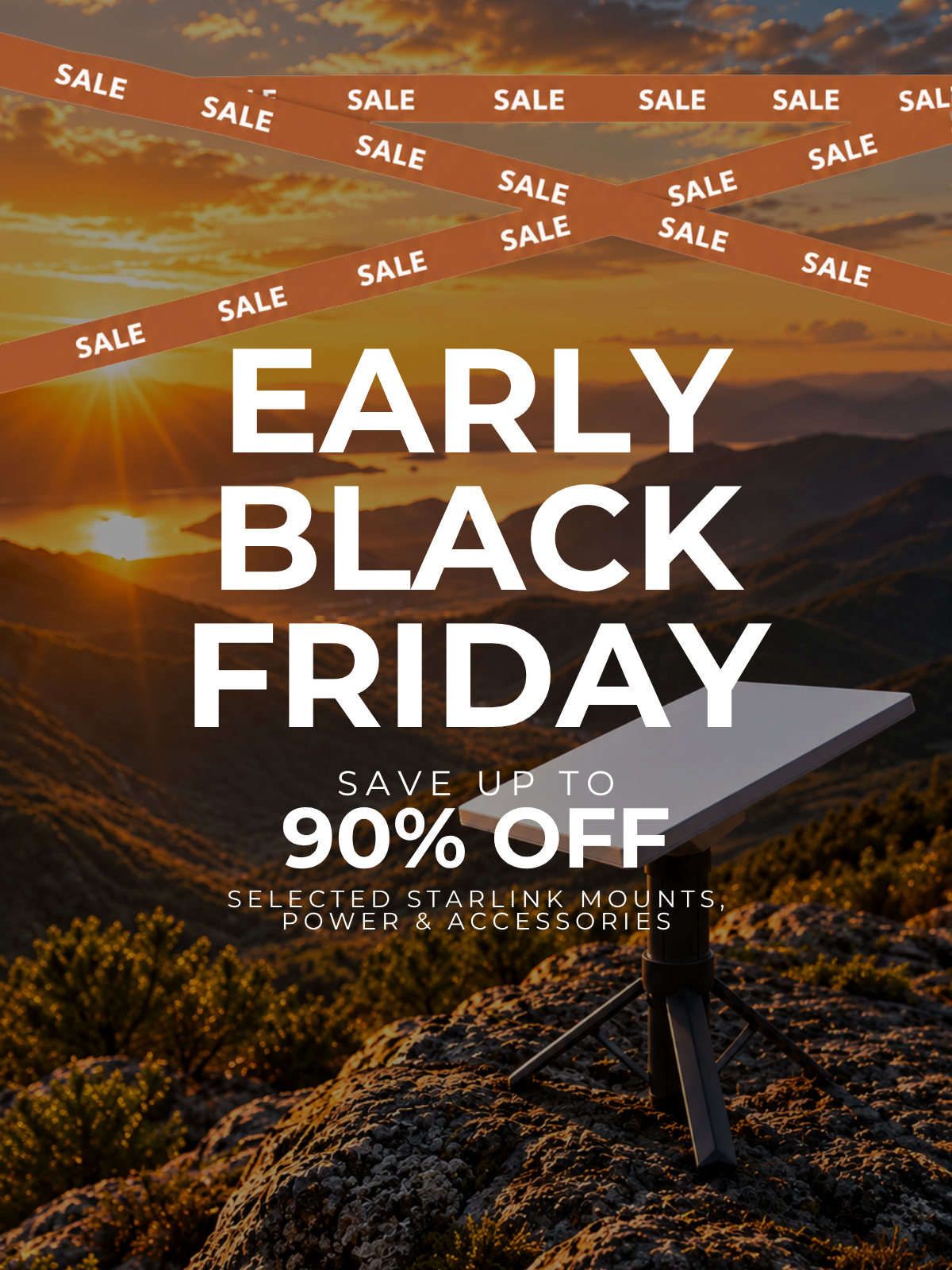 Spacetek Australia Early Black Friday Sale offering up to 90% off selected Starlink mounts, power and accessories, featuring a Starlink Mini on a Spacetek portable tripod with battery power.