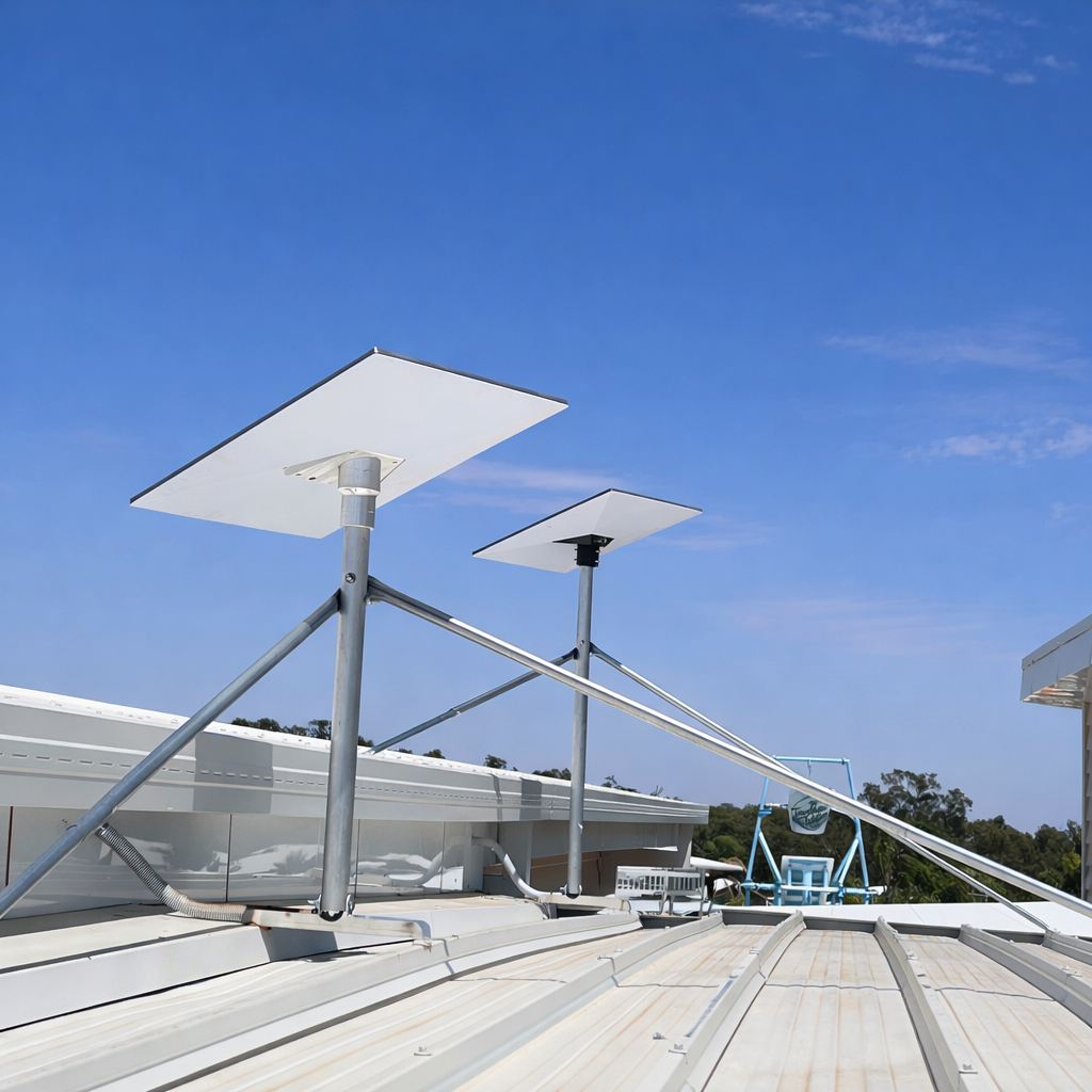 Two Starlink Gen 3 satellite dishes mounted side by side on a white tin roof using Spacetek heavy duty roof mount kits
