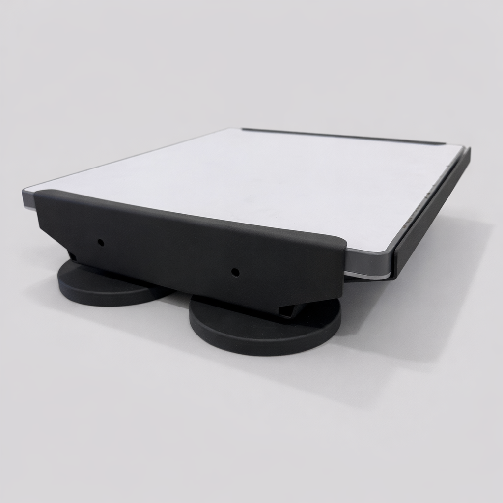 Front view of the assembled Starlink Mini magnetic motion mount, featuring matte black bracket and white panel mounted on circular magnetic feet.