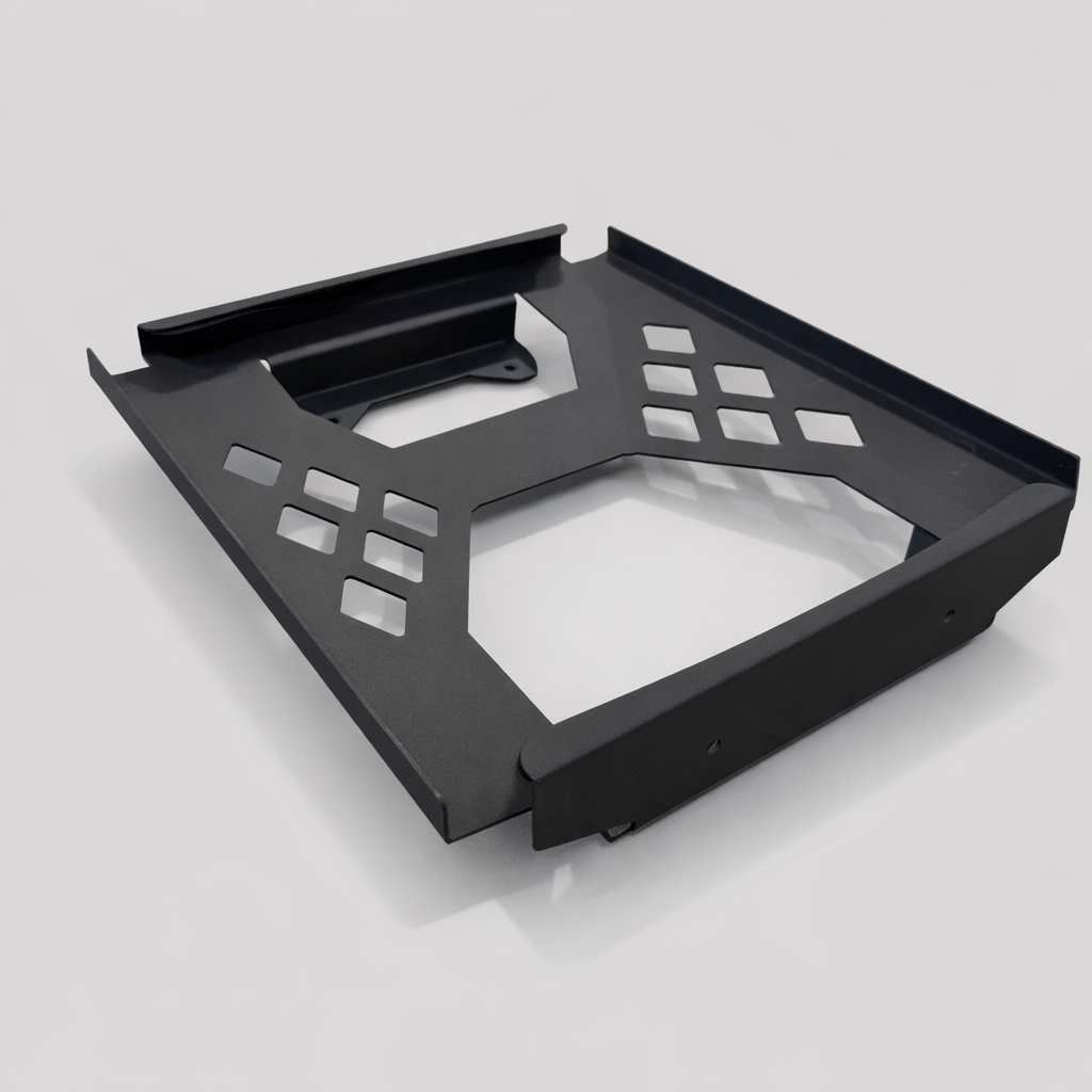 Matte black steel bracket for Starlink Mini magnetic mount, shown top-down with precision-cut ventilation holes and angled support lips.