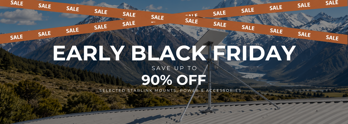 Spacetek NZ Early Black Friday Sale offering up to 90% off selected Starlink mounts, power and accessories, featuring a Starlink Gen 3 dish on a Spacetek aluminium roof mount in New Zealand.