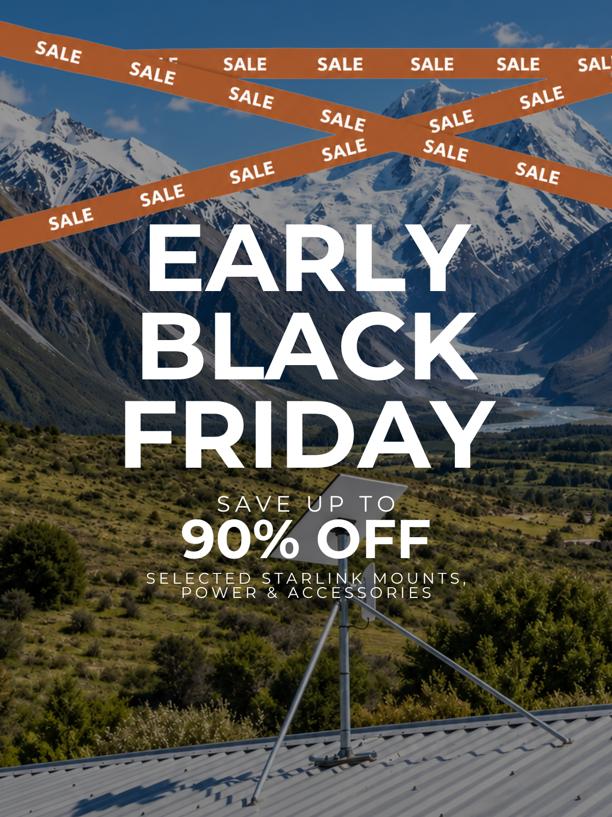 Spacetek NZ Early Black Friday Sale offering up to 90% off selected Starlink mounts, power and accessories, featuring a Starlink Gen 3 dish on a Spacetek aluminium roof mount in New Zealand.