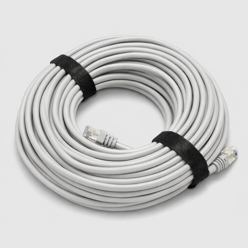 Grey Spacetek 24AWG CAT6a Starlink Gen 3 replacement Ethernet cable, coiled with RJ45 connectors and velcro straps