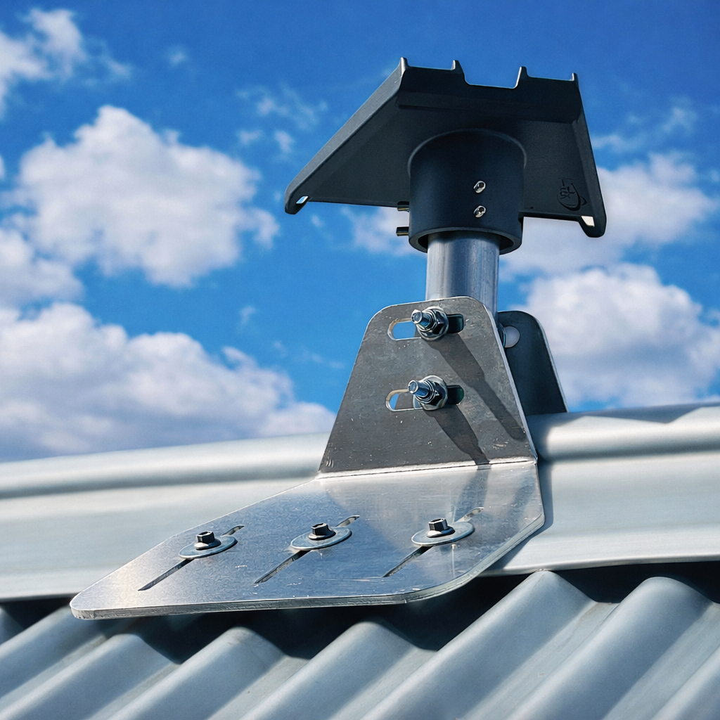 Close-up of Spacetek ridge mount bracket for Starlink Gen 3, showing stainless steel bolts and precision-machined aluminium plate mounted on a corrugated metal roof under a clear blue sky