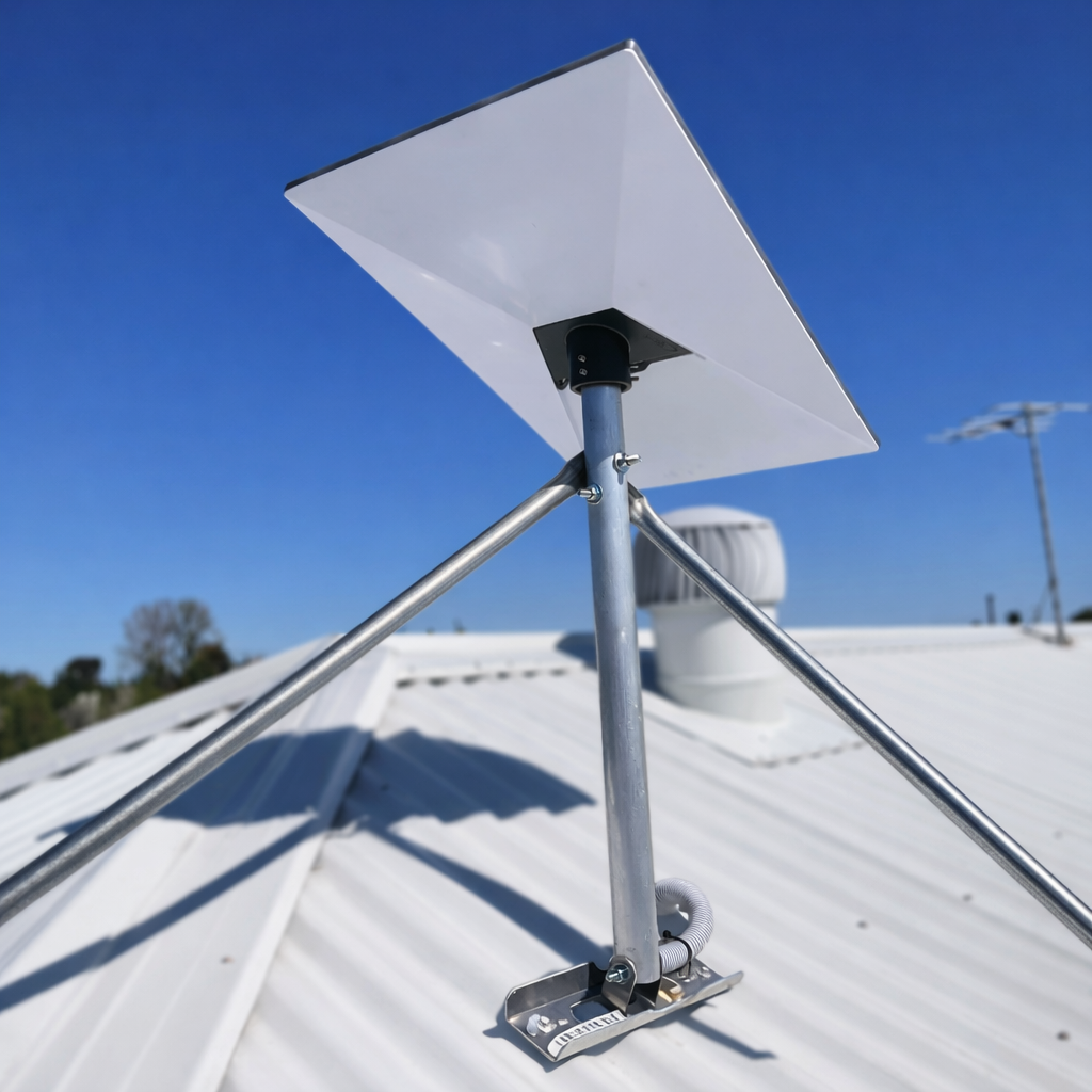 Spacetek Gen 3 Starlink mount kit with secondary antenna mounted on tin roof, showing angled support arms and clean install
