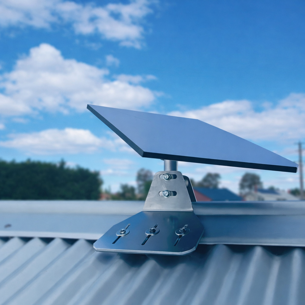 Starlink Gen 3 dish installed using Spacetek ridge mount kit on a corrugated roof, angled for optimal signal with clean metal finish and secure bolt alignment under bright sky.