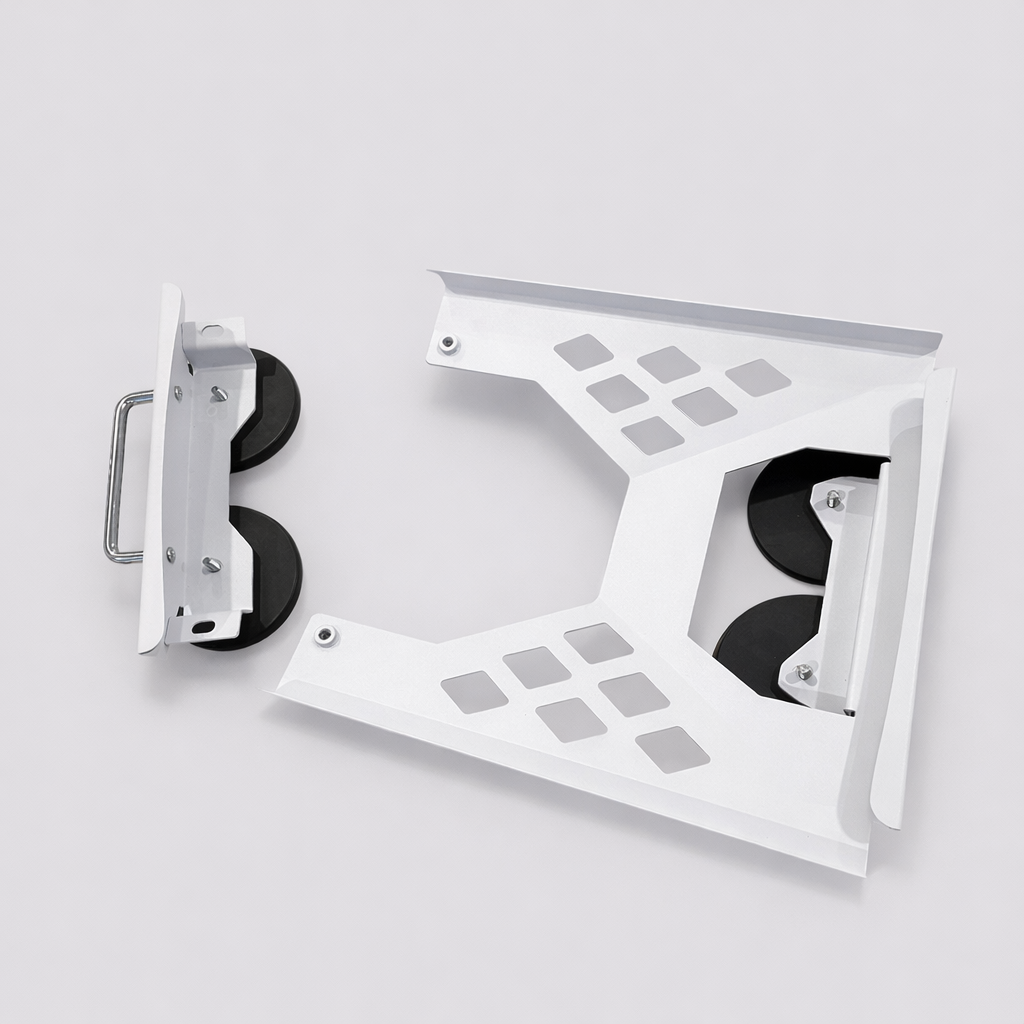 Top-down image showing the full Spacetek magnetic mount system for Starlink Mini, with both white frame and bracket laid flat