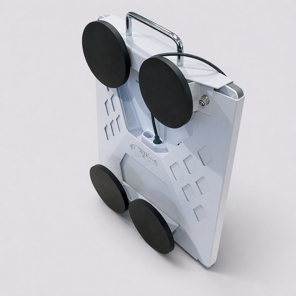 Spacetek magnetic mount for Starlink Mini in upright position with visible magnetic pads, handle, and cable