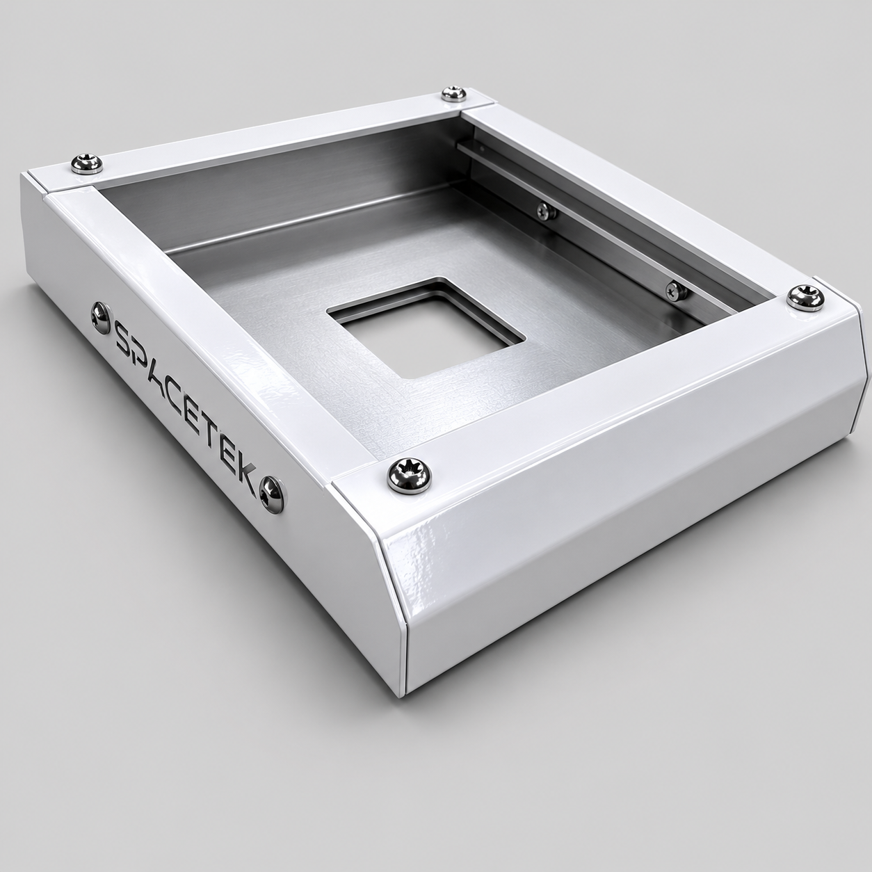 Angled right view of white Spacetek Starlink Mini Stealth Mount open aluminium enclosure