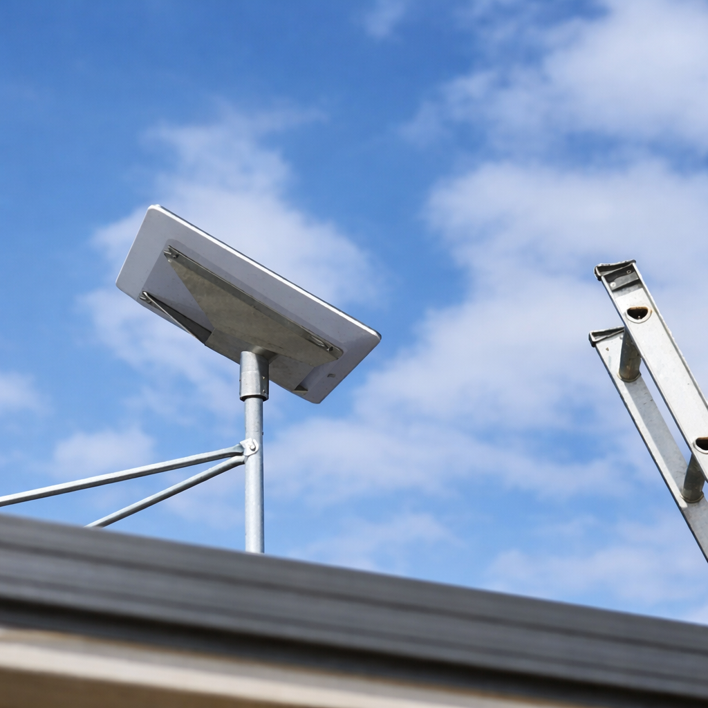 Spacetek Starlink Performance dish mount photographed from below with a ladder and blue sky in the background