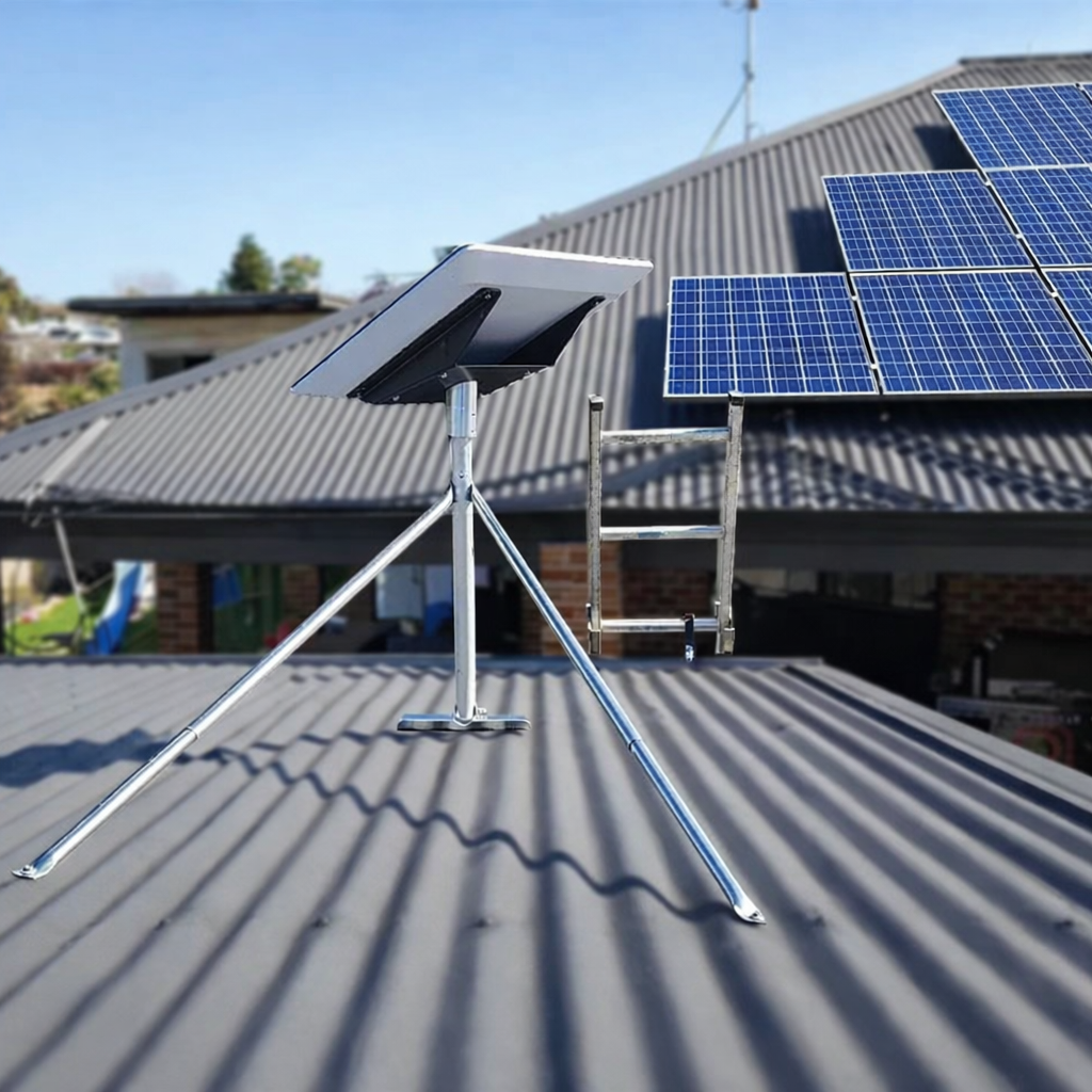 Spacetek engineered tripod pole mount with Starlink Performance dish installed on a residential rooftop beside solar panels