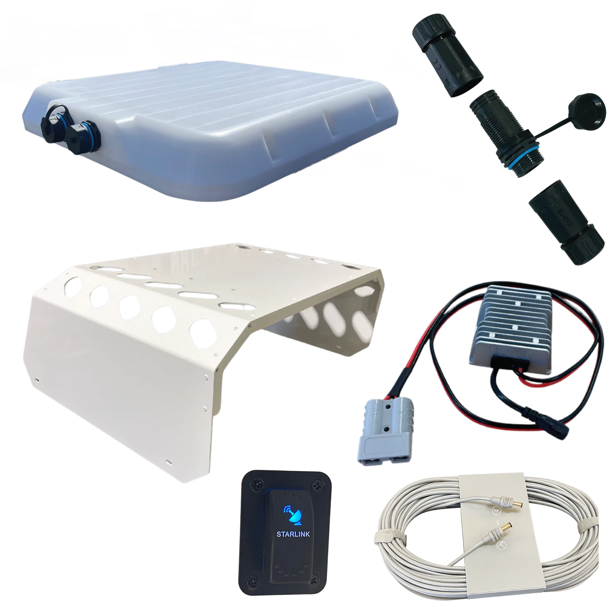Complete Spacetek V-Cell installation bundle for Starlink Mini, including enclosure, mounting bracket, power booster, waterproof connectors, and DC cable