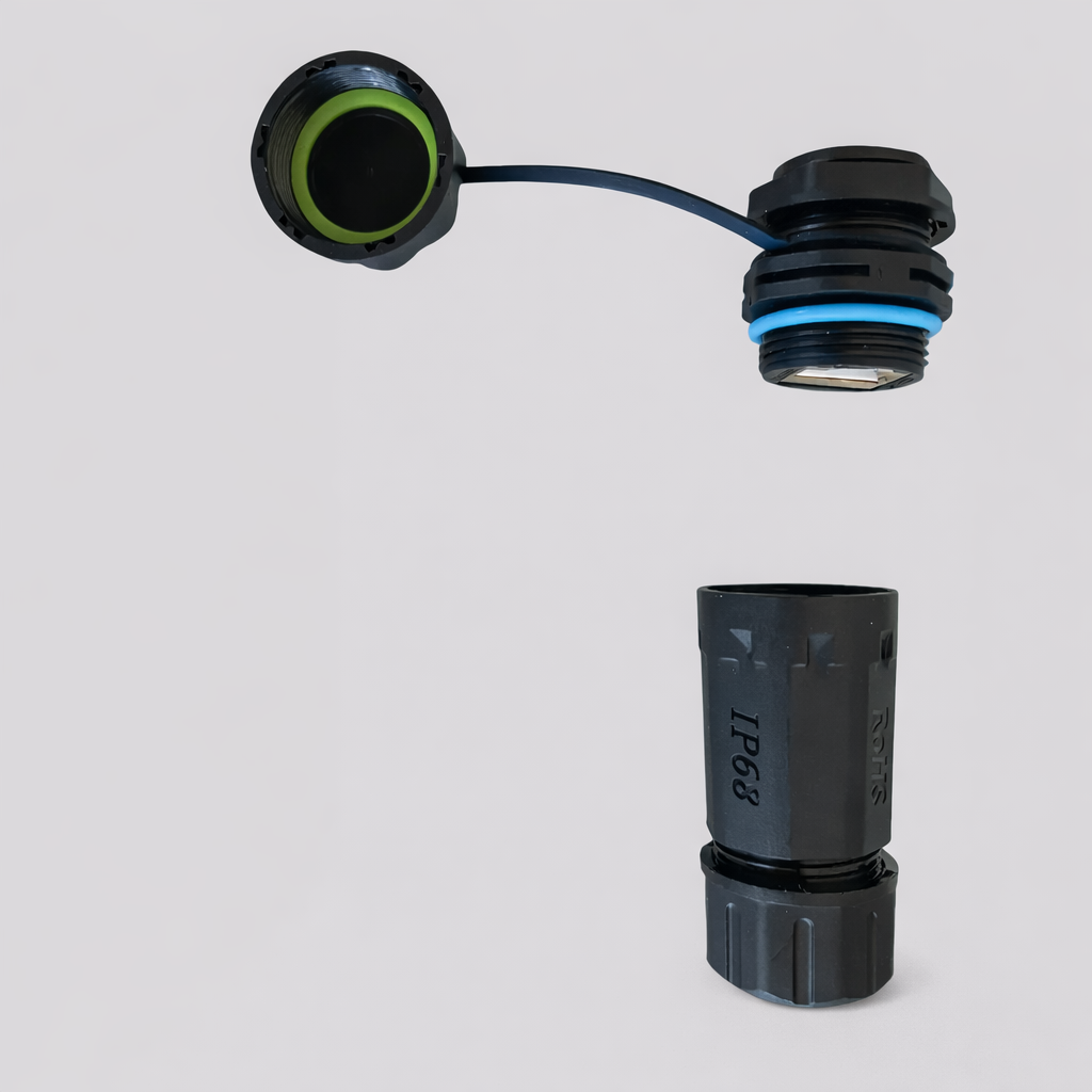 Starlink Cat6a RJ45 IP68 Ethernet coupler with visible threads and blue sealing ring, designed for outdoor use