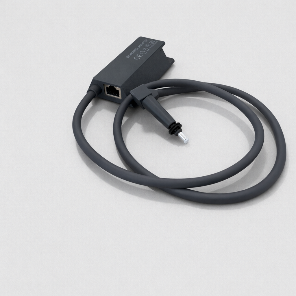 Starlink Gen 2 Ethernet Adapter with RJ45 port and L-shaped connector, angled close view on neutral background