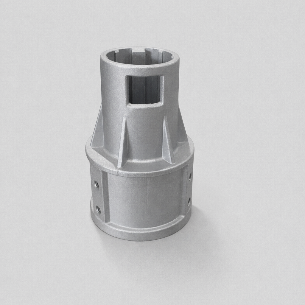 Starlink Gen 2 pole adaptor in upright position showing tapered body, reinforcement ribs and threaded mounting holes, aluminium finish