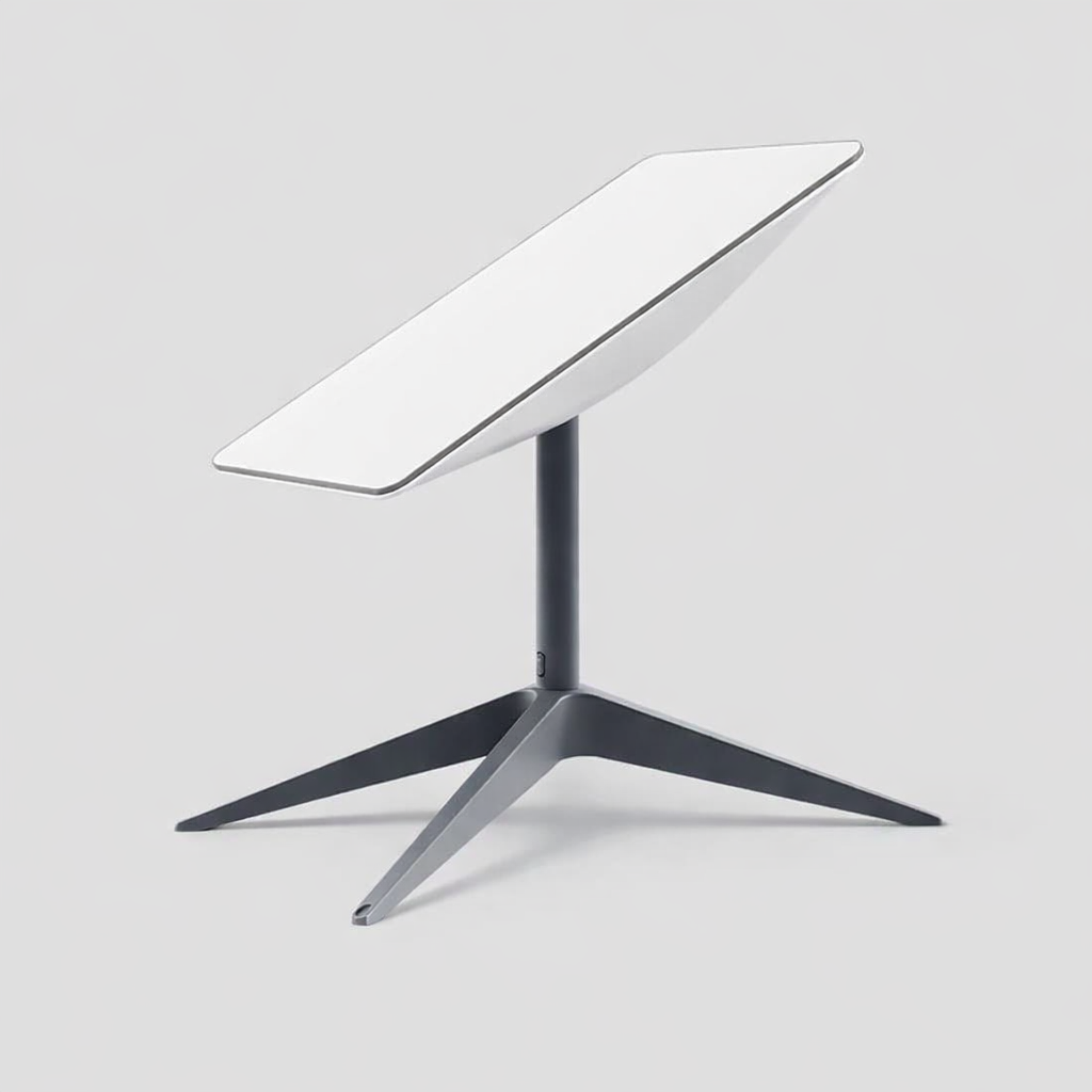 Starlink Gen 2 satellite dish mounted on its official tripod stand, shown in profile on a clean grey background