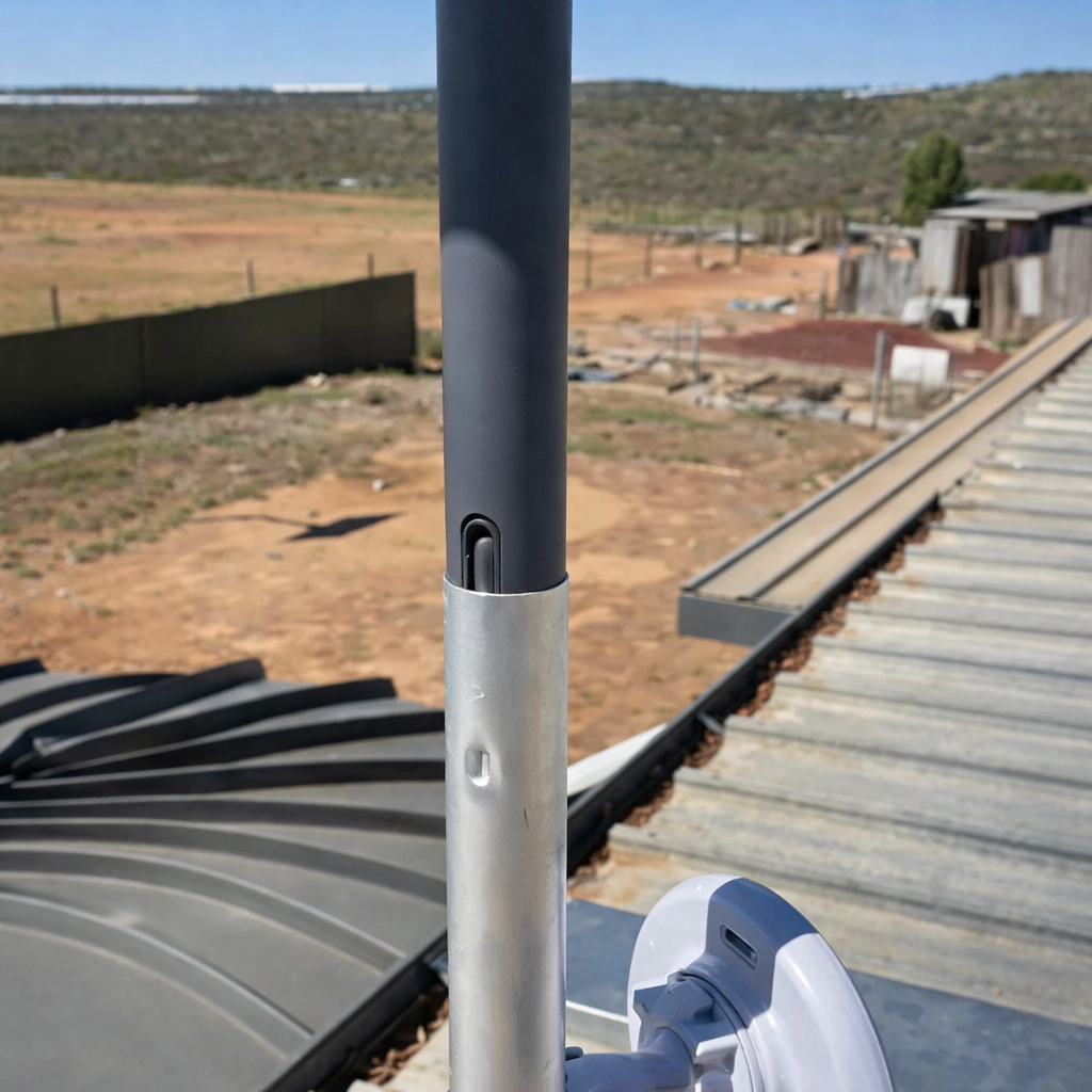 Close-up of Starlink Gen 2 mast inserted into the aluminium mount tube, installed on a corrugated tin roof with surrounding property in view