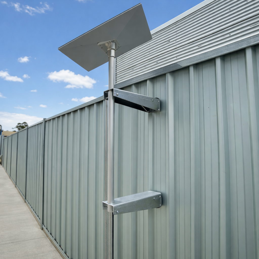 Starlink Gen 3 dish installed on a metal fence using a heavy duty aluminium Atco fence mount bracket.