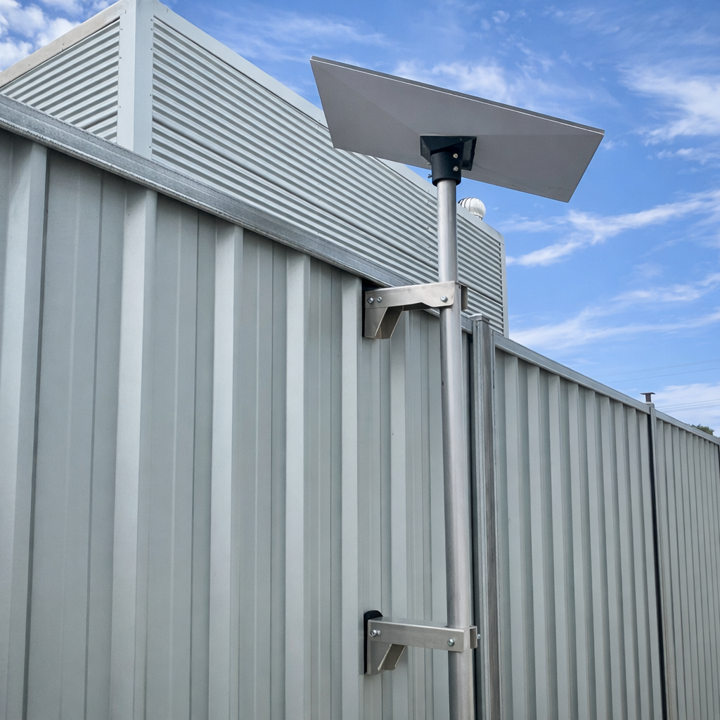 Starlink Gen 3 dish mounted to a fence using a standard duty aluminium Atco fence mount beside an industrial building
