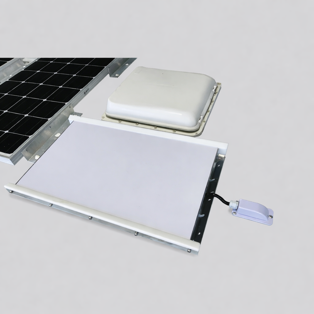 Top-down view of a white Starlink Gen 3 Motion Mount installed with rooftop solar and vent systems, ideal for caravans, RVs, and off-grid setups