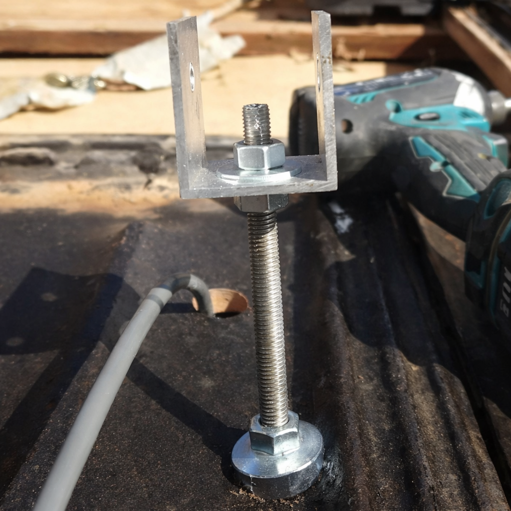 Starlink Gen 3 tile roof mount bracket attached to threaded rod during installation.