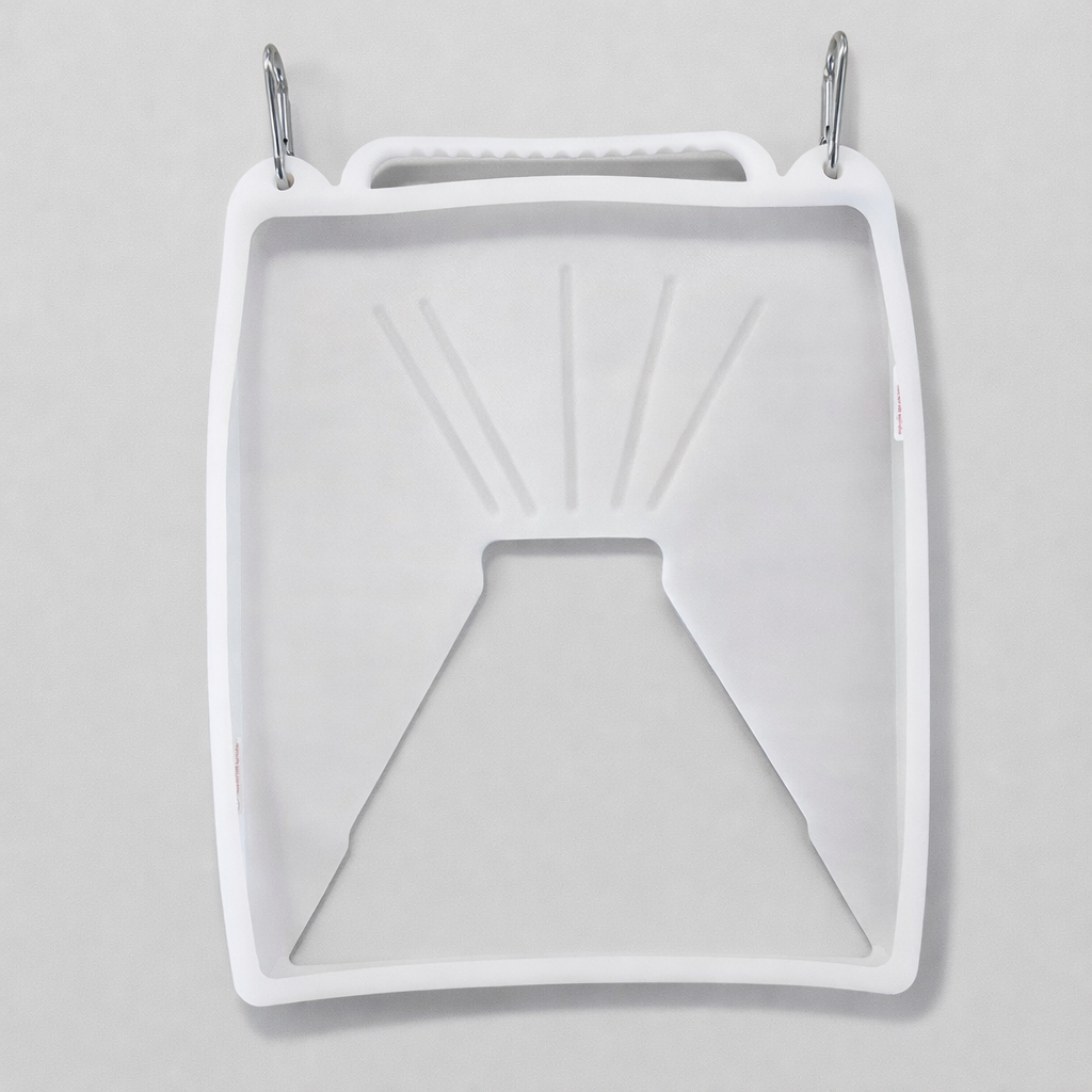 White silicone protective cover for Starlink Mini dish with carabiner clips and handle, designed for portable satellite internet protection