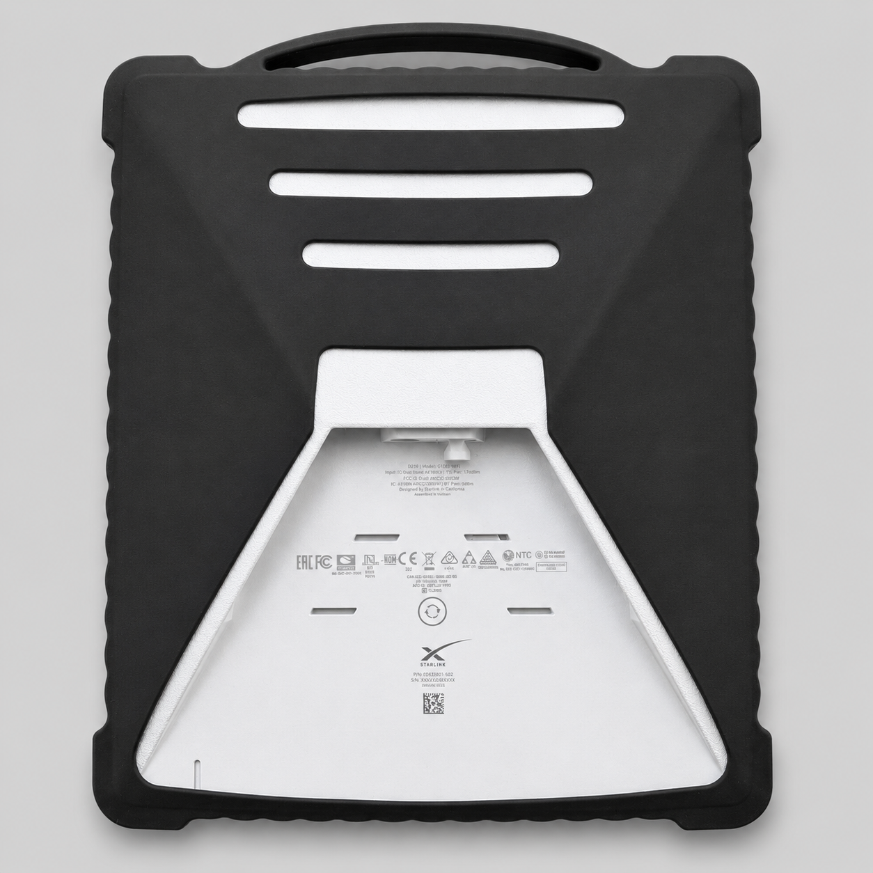 Black silicone protective cover for Starlink Mini showing rear mounting area and integrated carry handle